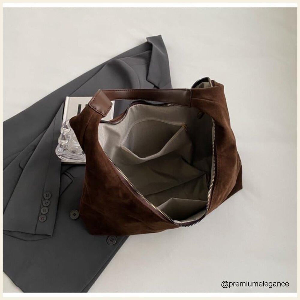 Faux Suede Hobo Tote Shoulder Bag 15.4 Inches Travel Work Purse - Picture 5 of 7